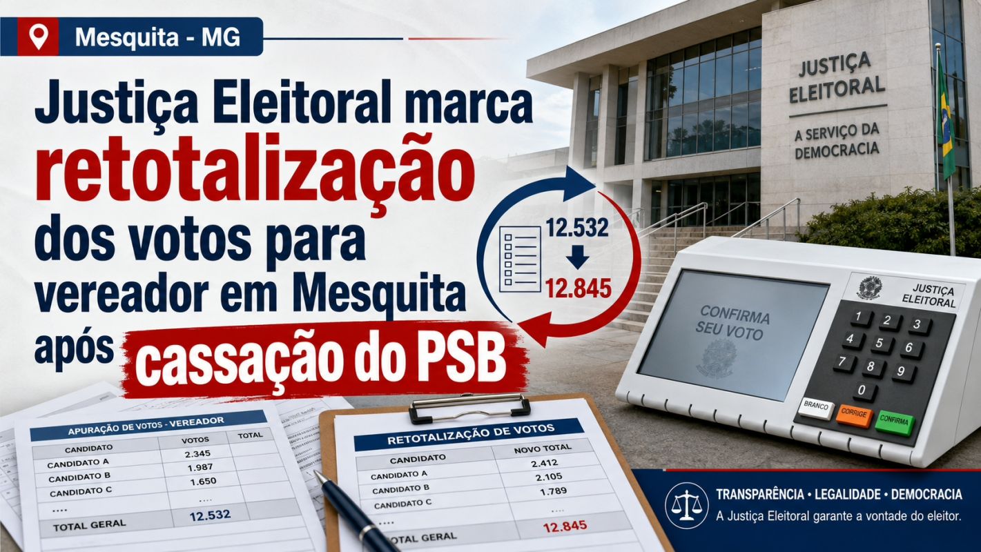 Justiça Eleitoral marca retotalização dos votos para vereador em Mesquita após cassação do PSB