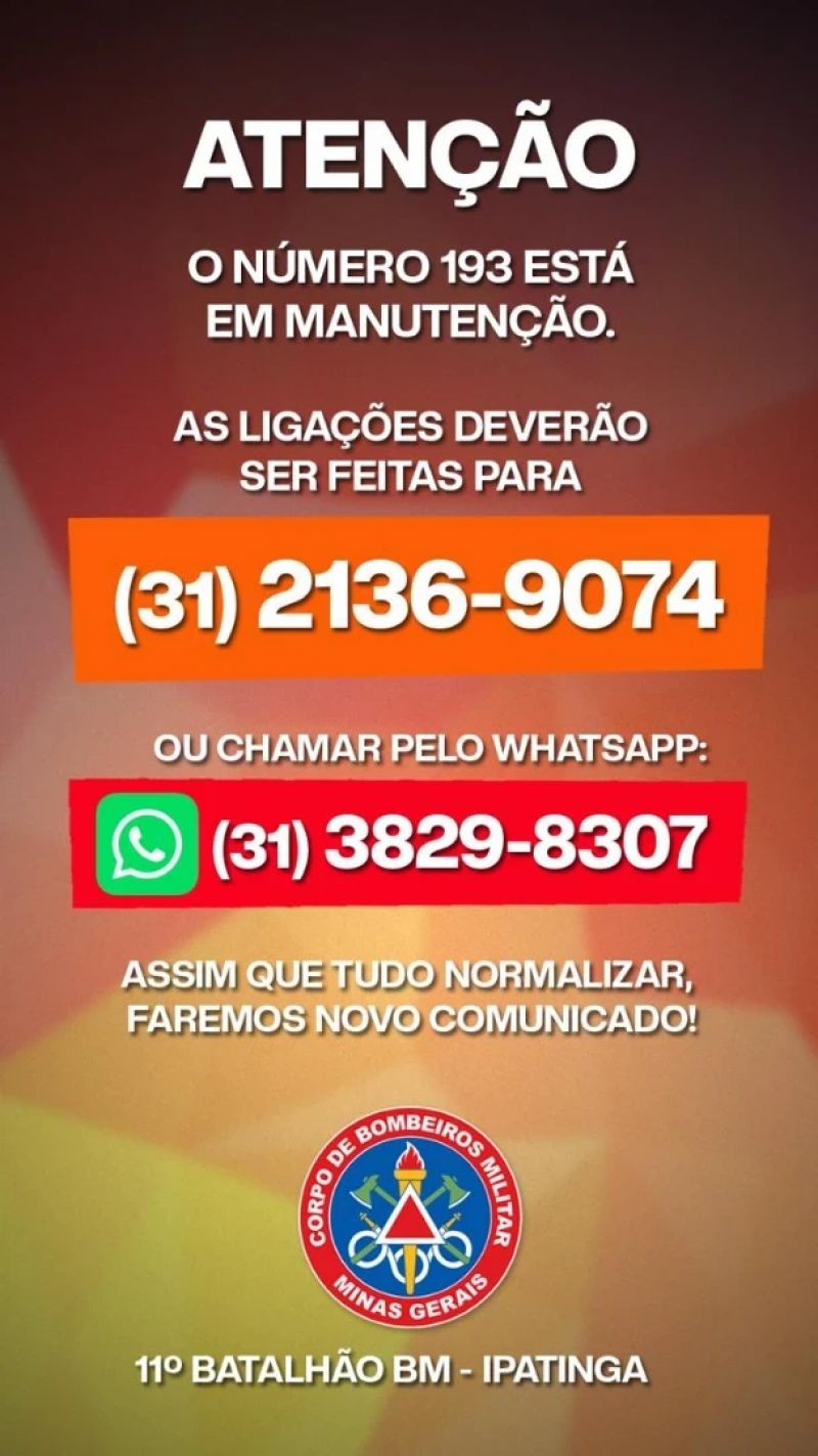 Instabilidade no 193: Bombeiros divulgam contatos alternativos no Vale do Aço; saiba mais