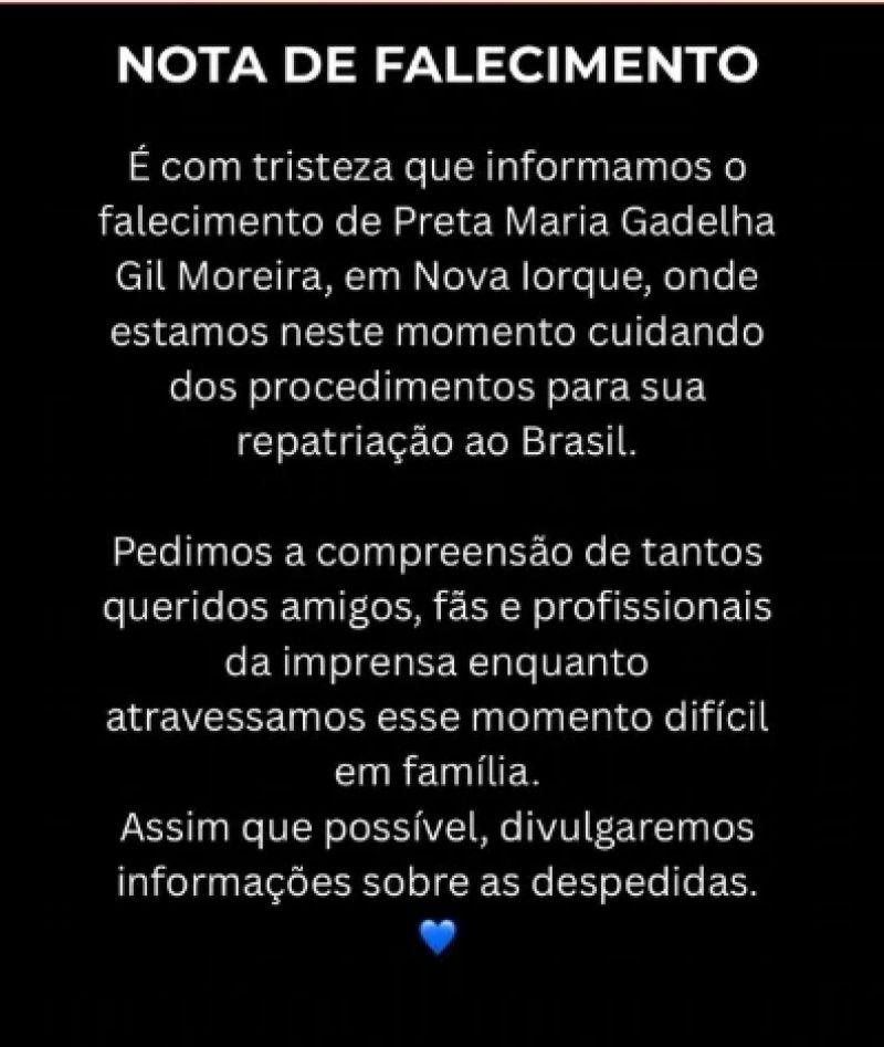 Gilberto Gil se pronuncia após morte de Preta Gil