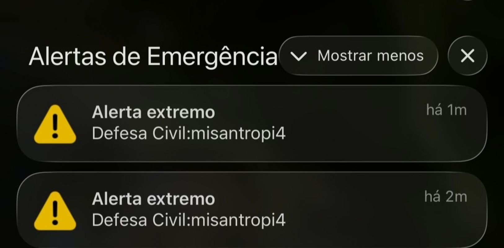 Falso alerta “extremo” da Defesa Civil com “misantropia” assusta moradores e leva sistema a ser tirado do ar