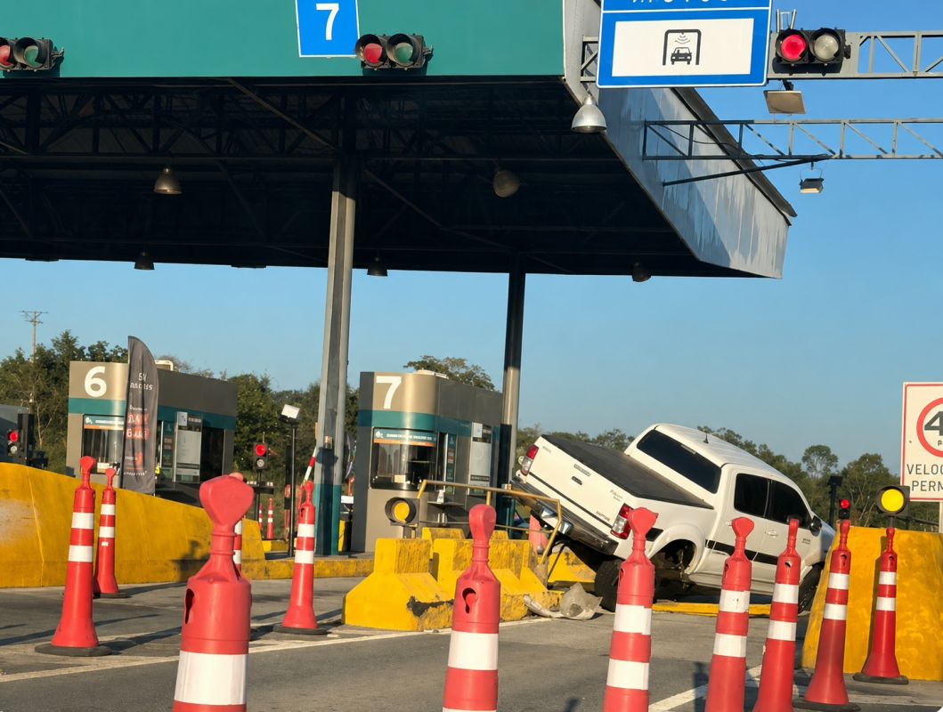 Caminhonete atinge estrutura de pedágio na MG-050 e motorista tem ferimentos leves em São Sebastião do Oeste