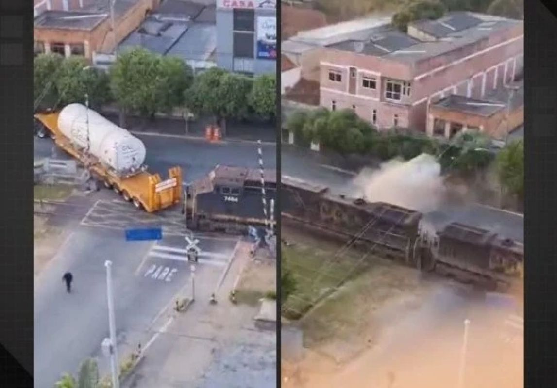 Trem colide com carreta de gás em Paraíba do Sul