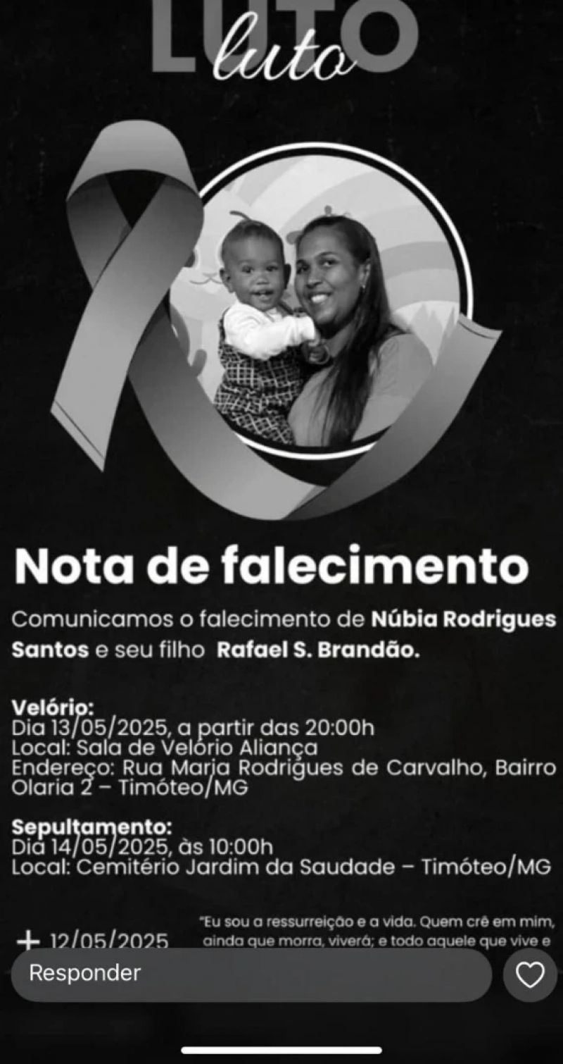 Mãe e filho, vítimas de acidente próximo a Matipó, serão sepultados em Timóteo nesta quarta-feira (14)
