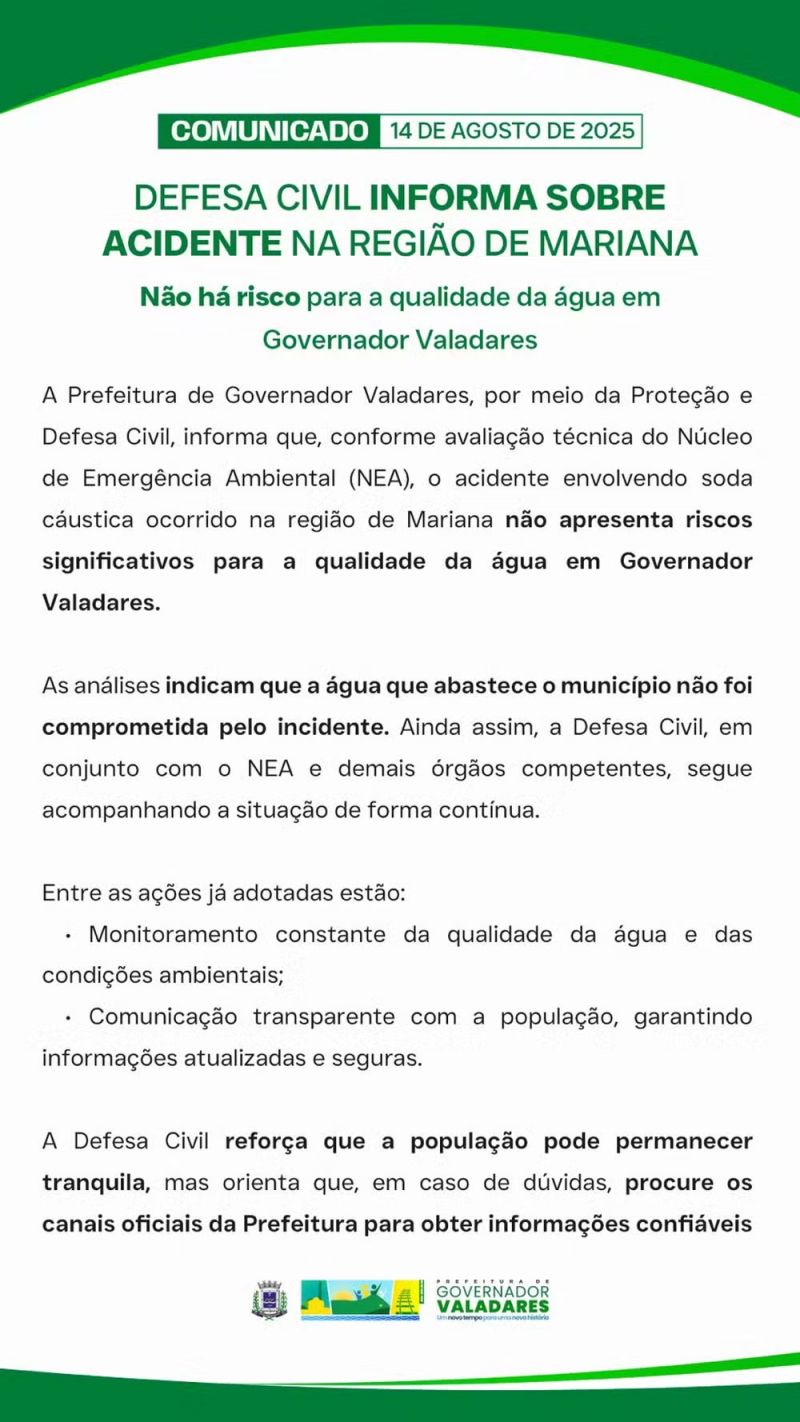 Governador Valadares descarta risco à água após acidente com soda cáustica em Mariana