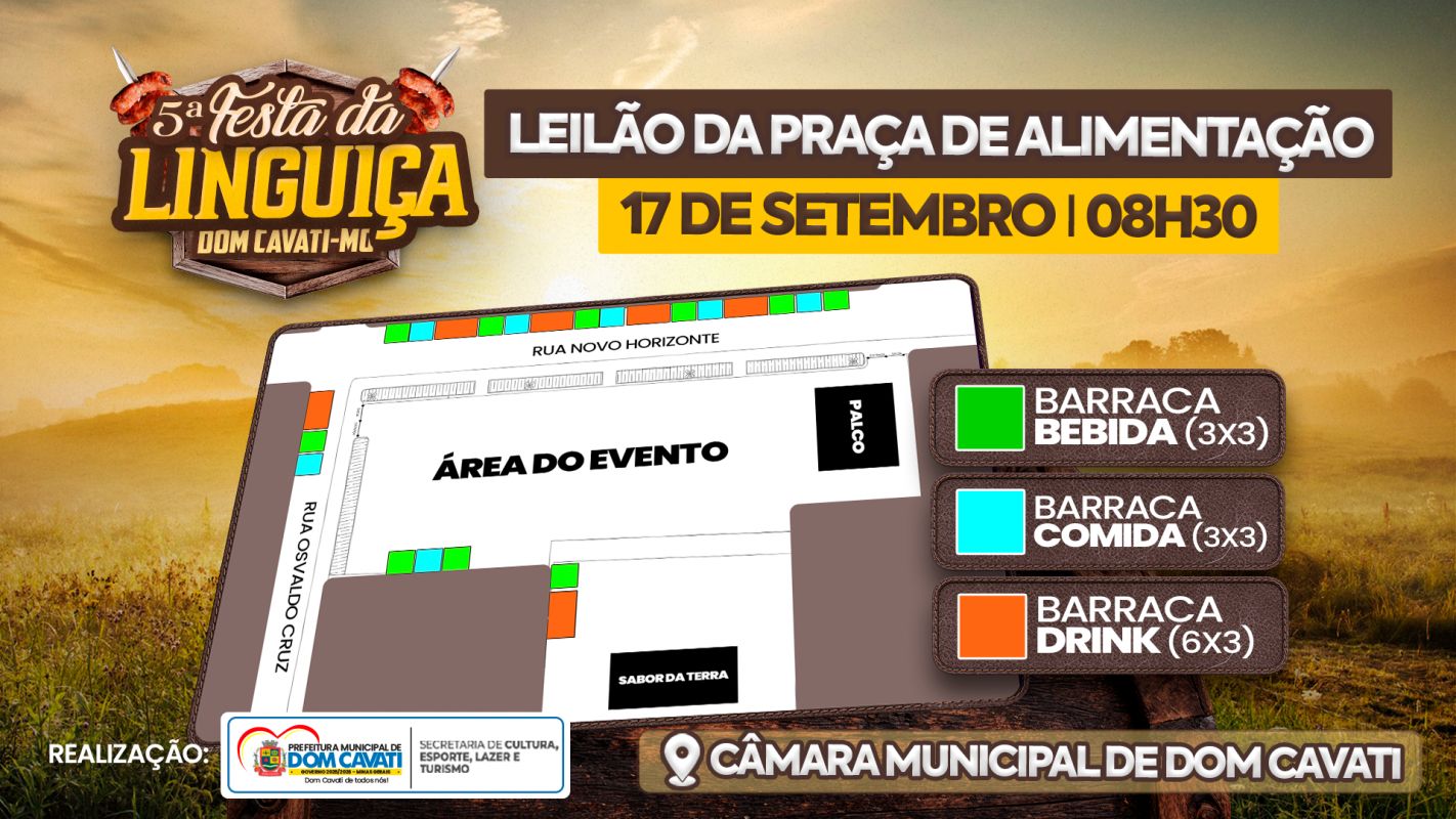 Leilão da Praça de Alimentação da 5ª Festa da Linguiça acontece no dia 17 de setembro em Dom Cavati