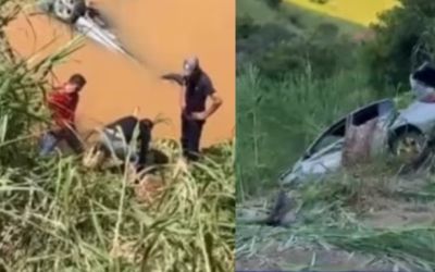 Carro cai em rio após colisão na BR-116 em Inhapim (MG); relato aponta pai e dois filhos mortos